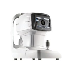 Fotografía en color sobre fondo blanco de equipo diagnostico que engloba 4 funciones: refractometro, queratometro, tonometro y paquimetro
