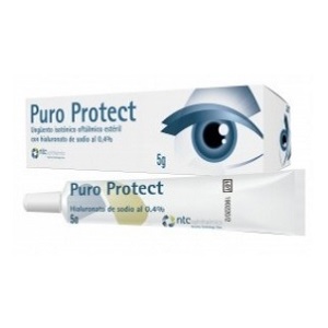 Fotografía en color sobre fondo blanco de ungüento oftálico isotónico para mantener la hidratación ocular, Puro Protect.