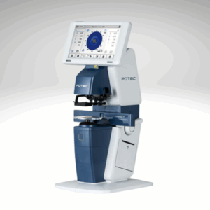 Fotografía en color sobre fondo gris de Lensmeter o frontofocómetro modelo PLM-8000